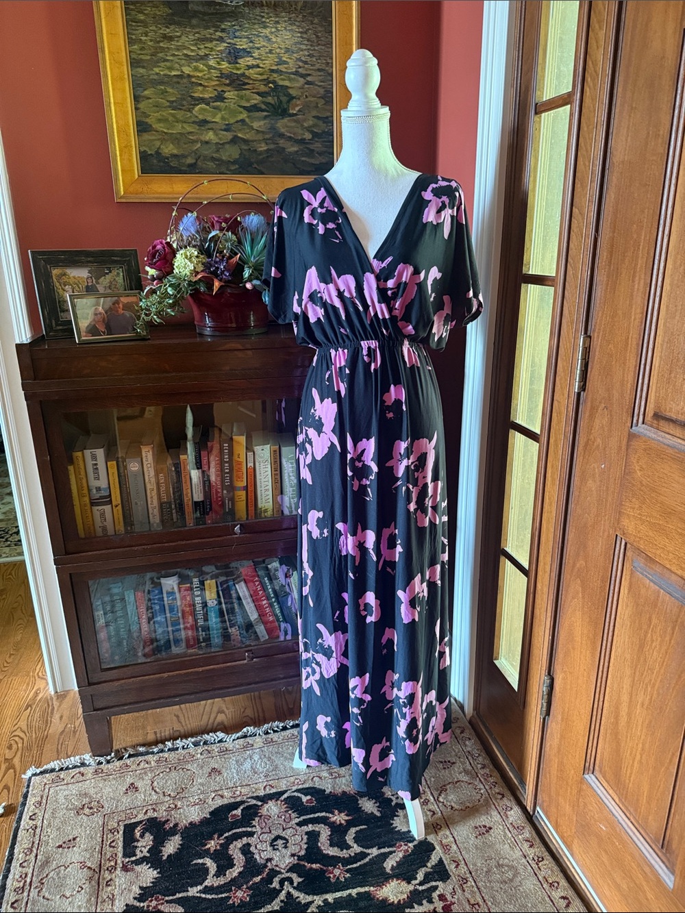 Black Maxi Dress with Pink Floral Print and V-Neckline